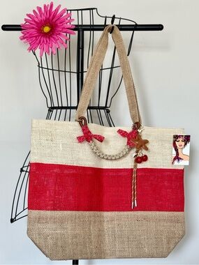 New Red, Cream, Tan Striped Jute Beach Bag Tote Purse w/ Cherry Charm 19” x 14”